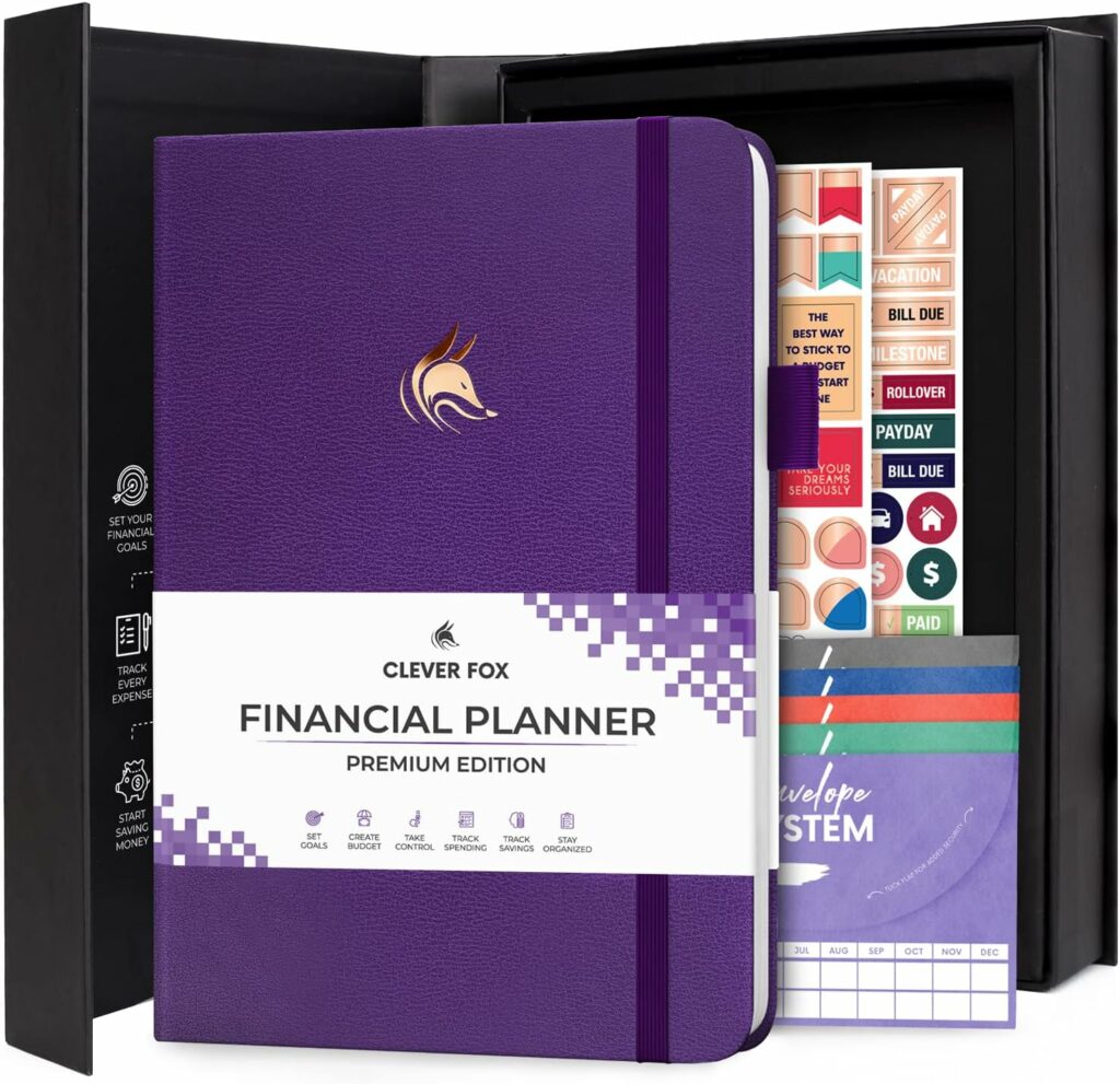 Clever Fox Budget Planner Premium Edition – Expense Tracker Notebook + 5 Cash Envelopes, Budget Planner Organizer; Budget Book Journal to Control Your Money, Undated; A5 Hardcover – Purple